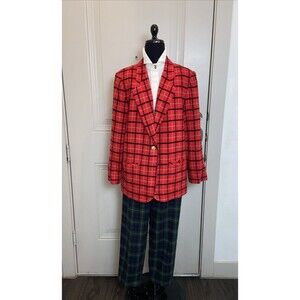 Courtenay Vintage Plaid Red Black Single-Button Blazer w/Shoulder Pads Size 14